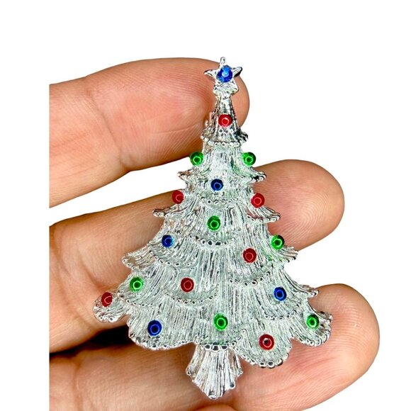 VNTG Gerrys Christmas Tree Brooch w/ Blue Star Topper & Multicolor Rhinestones - Picture 5 of 8